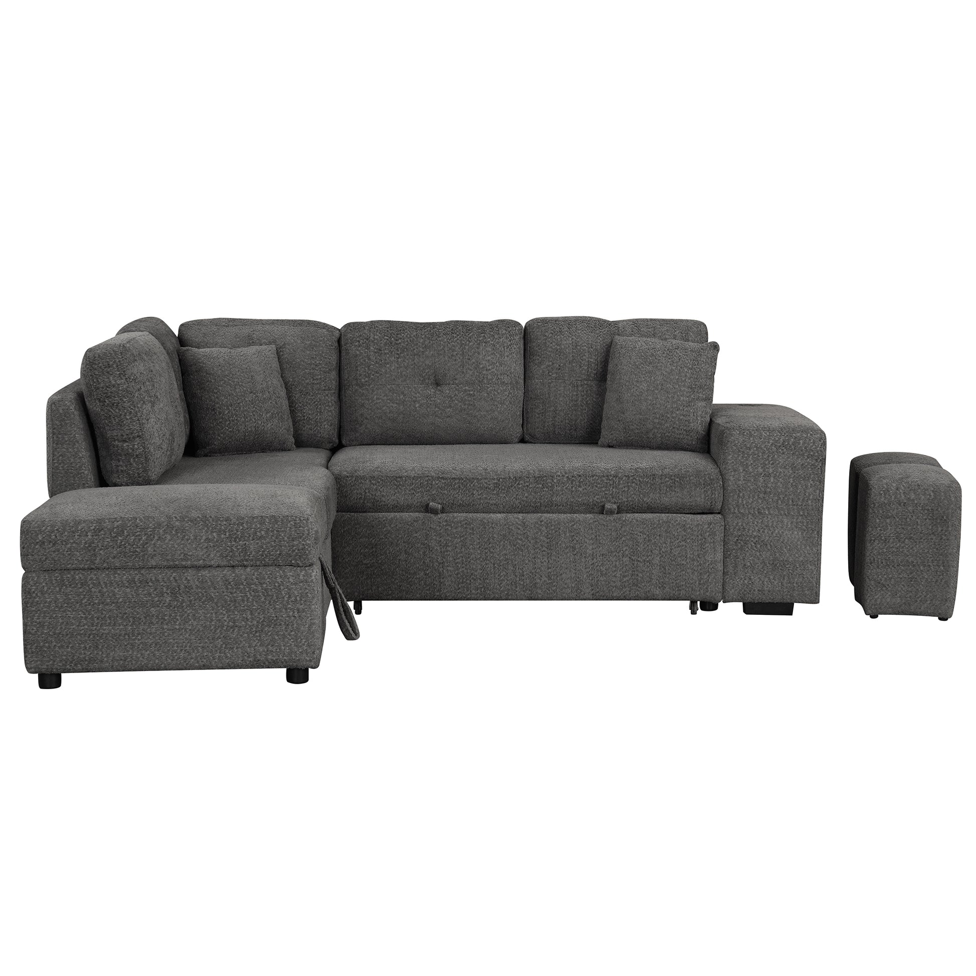 87.7" Convertible Sleeper, Sectional Pull Out Sofa Bed With Storage Ottoman, 2 Throw Pillows, 2 Stools, Wireless Charger And Two Hidden Usb Ports For Living Room, Dark Gray Dark Gray Chenille 4 Seat