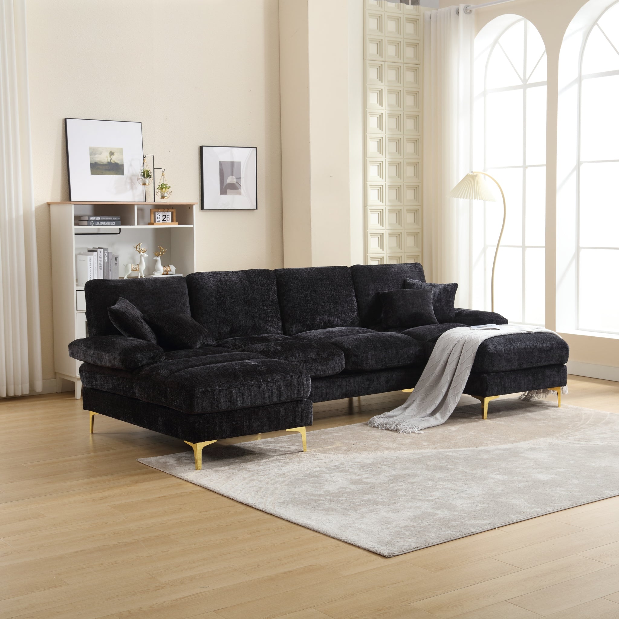 United Modern Large Chenille Fabric U Shape Sectional Sofa Black Chenille