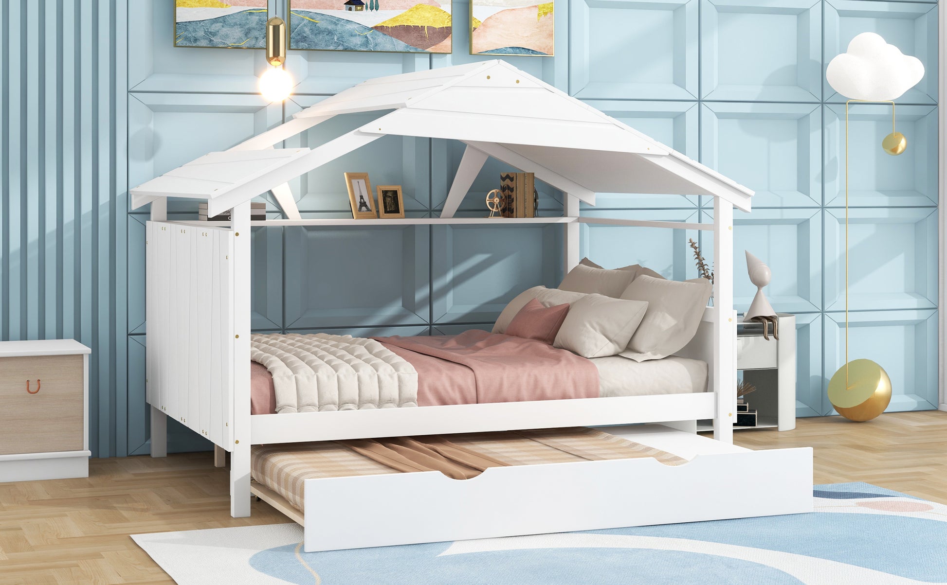 Wood Full Size House Bed With Twin Size Trundle And Storage, White Box Spring Not Required Full White Wood Bedroom Solid Wood Mdf