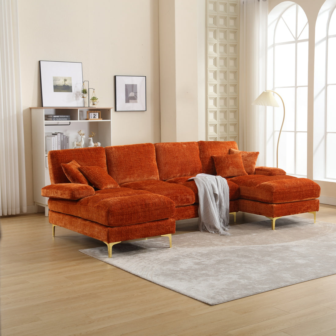 United Modern Large Chenille Fabric U Shape Sectional Sofa Orange Chenille