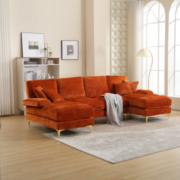 United Modern Large Chenille Fabric U Shape Sectional Sofa Orange Chenille