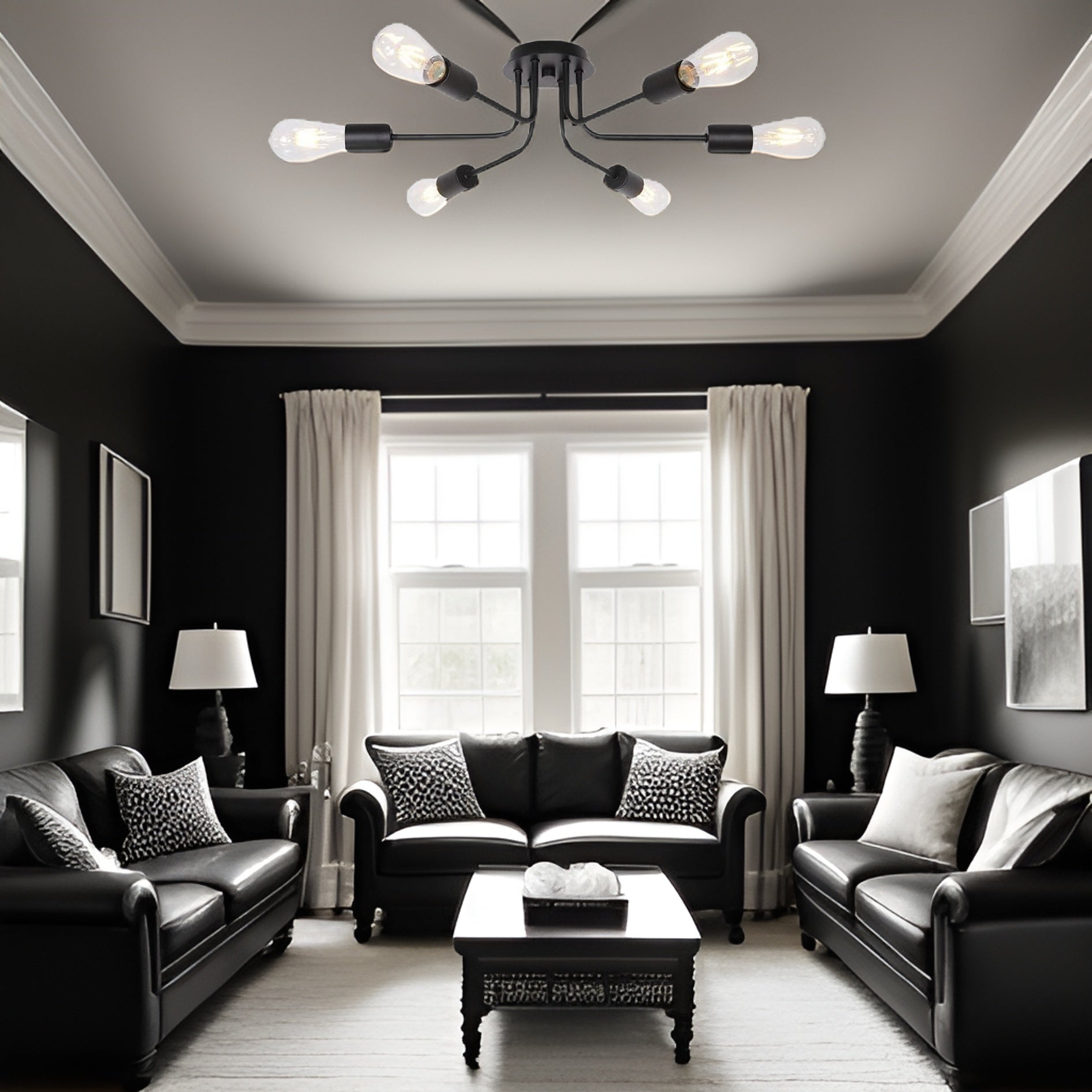 Modern Sputnik Chandelier 6 Light Semi Flush Mount Ceiling Lighting Cotemporary Industrial Brushed Nickel Ceiling Fixture Black Metal