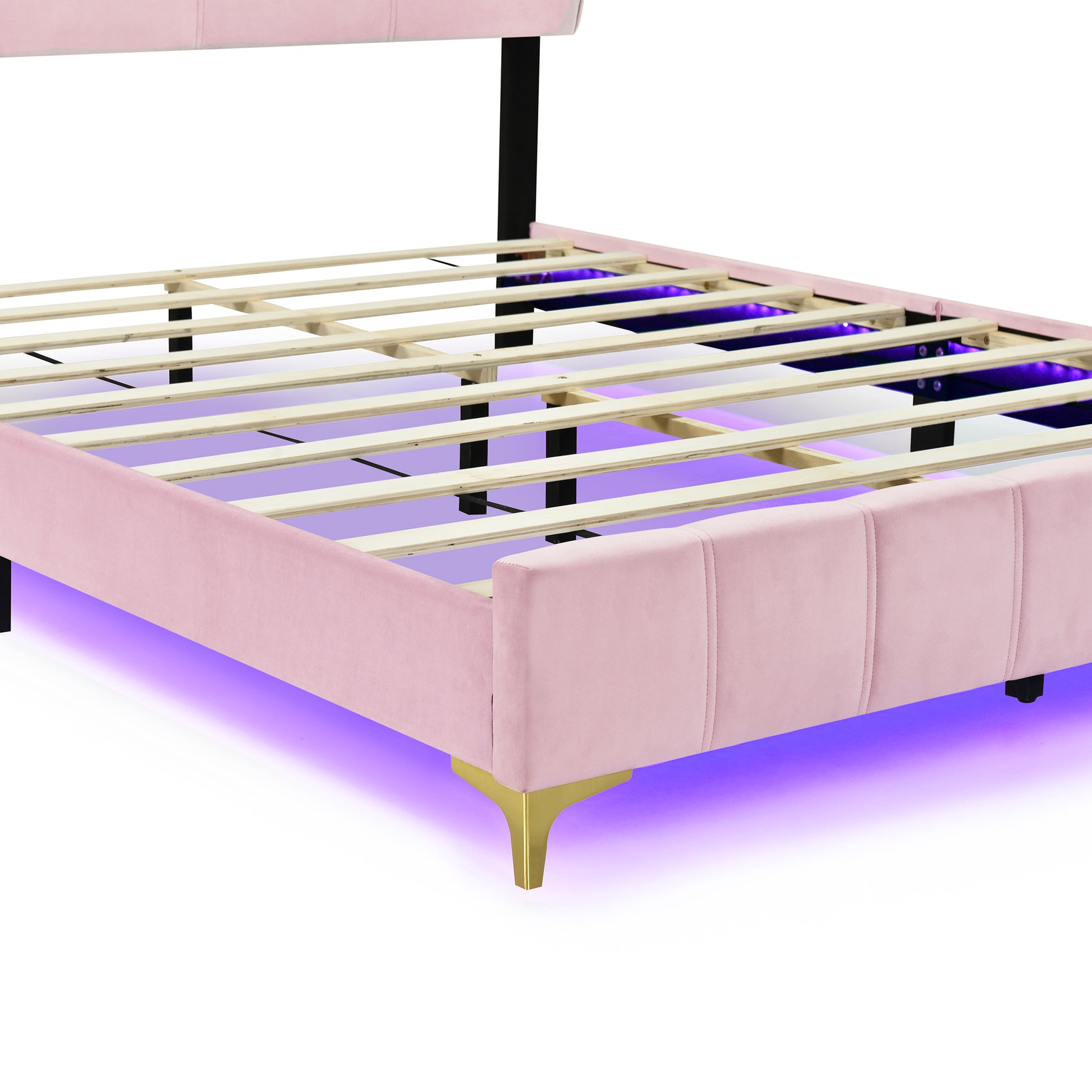 Queen Size Velvet Platform Bed With Led Frame And Stylish Mental Bed Legs, Pink Pink Velvet