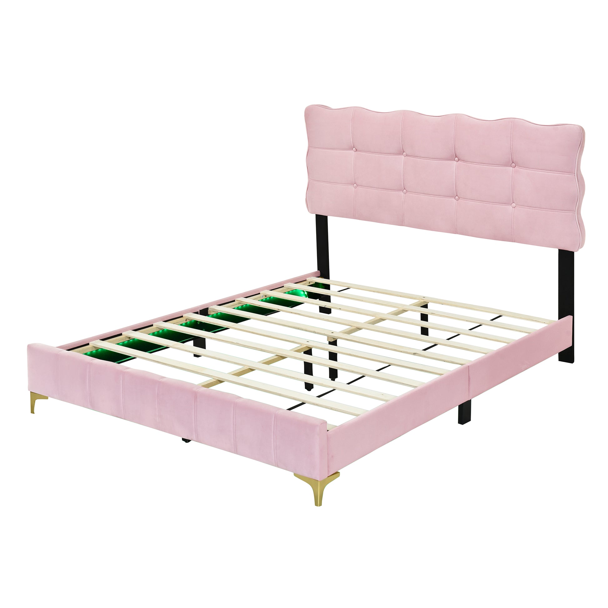 Queen Size Velvet Platform Bed With Led Frame And Stylish Mental Bed Legs, Pink Pink Velvet