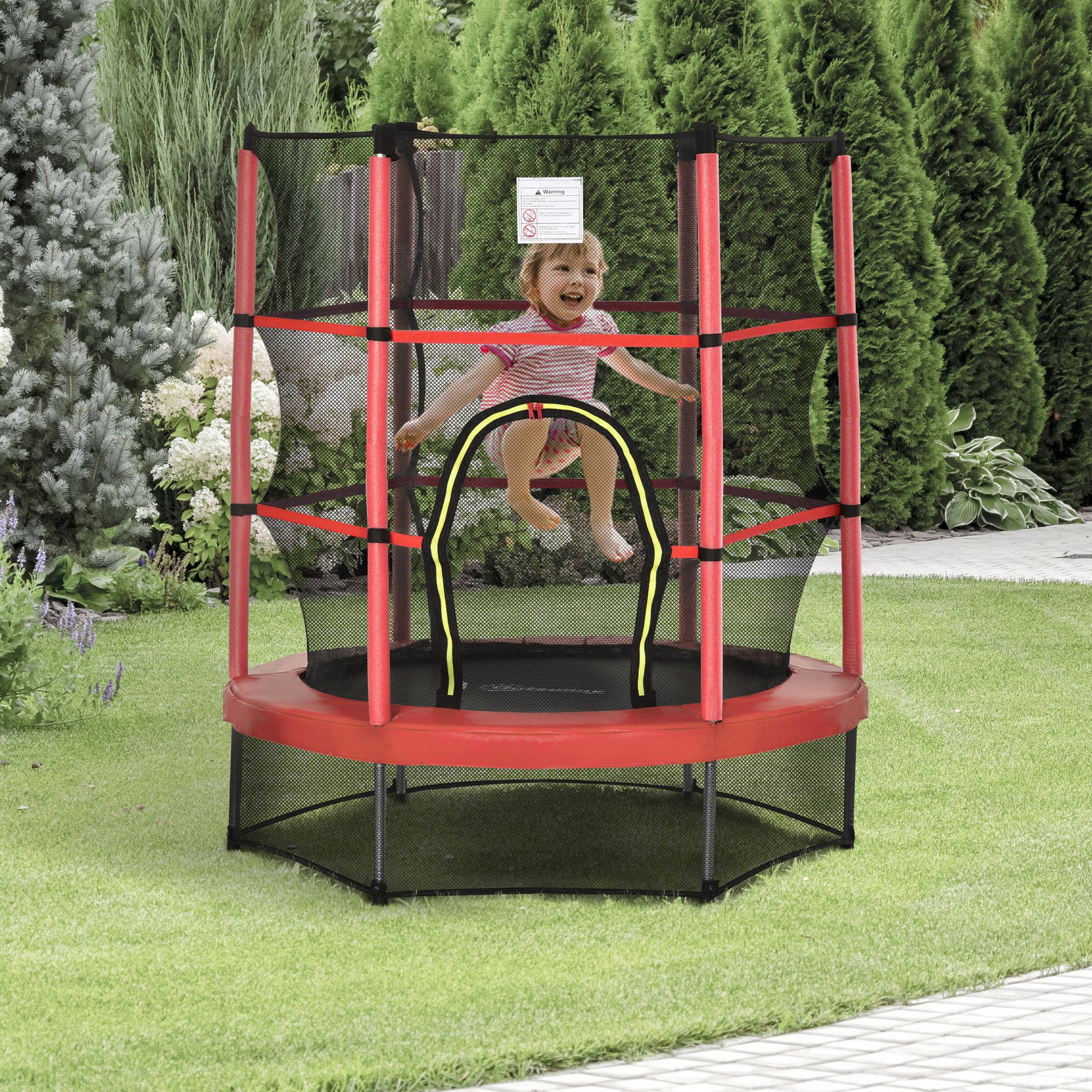 5Ft Kids Trampoline With Enclosure Net, Springless Design, Safety Pad And Steel Frame For Indoor Outdoor, Toddler Round Bouncer For Age 3 To 6 Years Red Brick Red Metal