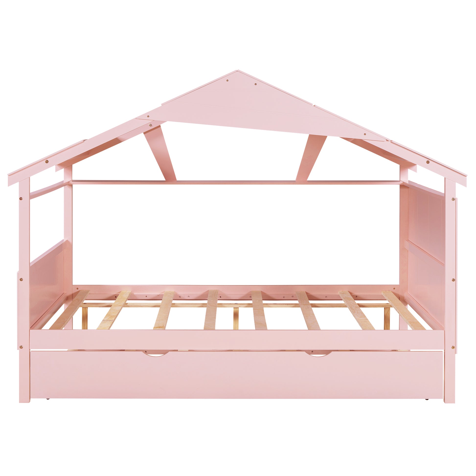 Wood Full Size House Bed With Twin Size Trundle And Storage, Pink Box Spring Not Required Full Pink Wood Bedroom Solid Wood Mdf