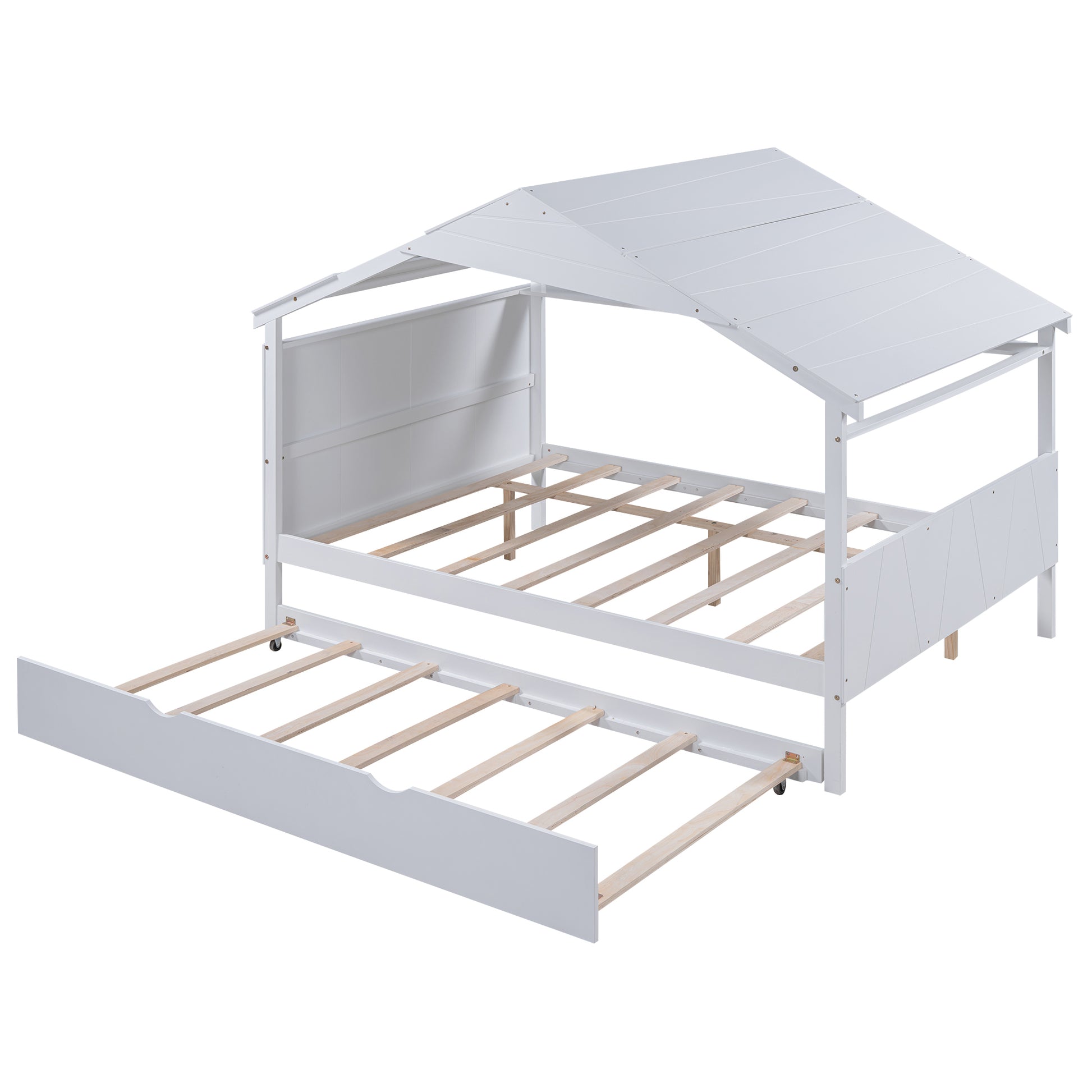 Wood Full Size House Bed With Twin Size Trundle And Storage, White Box Spring Not Required Full White Wood Bedroom Solid Wood Mdf