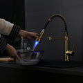 Commercial Led Kitchen Faucet With Pull Down Sprayer, Single Handle Single Lever Kitchen Sink Faucet Gold Kitchen Contemporary Ceramic Brass