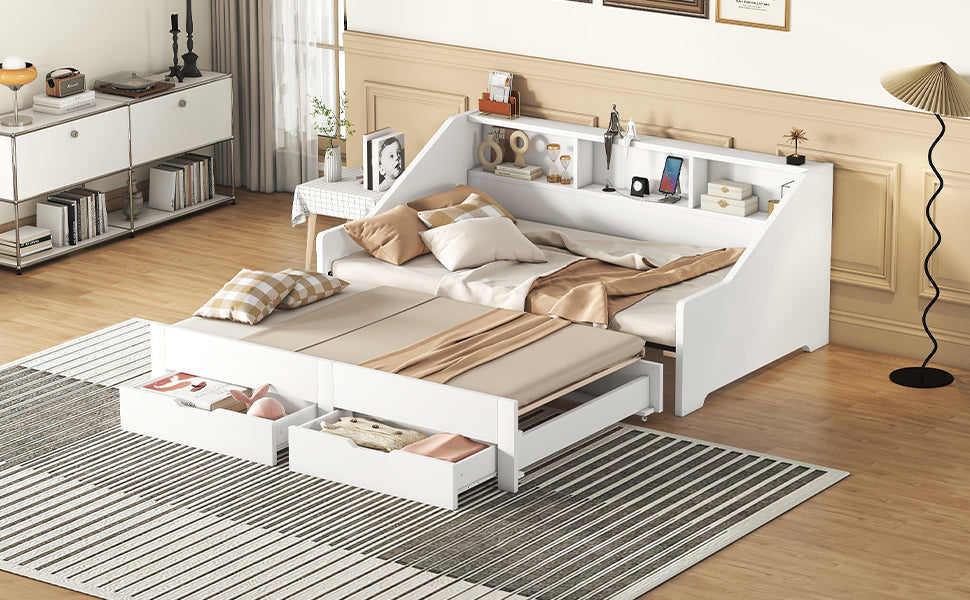 Twin To King Size Daybed Frame With Storage Bookcases And Two Drawers,Charging Design,White White Solid Wood Mdf