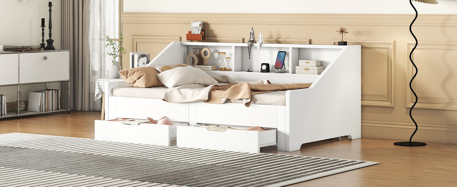 Twin To King Size Daybed Frame With Storage Bookcases And Two Drawers,Charging Design,White White Solid Wood Mdf