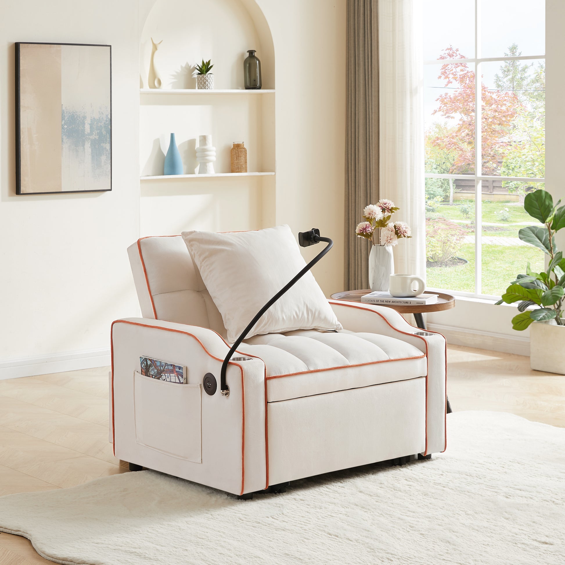 3 In 1 Sofa Bed, Convertible Sleeper Chair Sofa Bed Adjustable Pull Out Sleeper Chair Bed Multi Pockets Folding Sofa Bed For Living Room Bedroom Small Space Beige Velvet 1 Seat