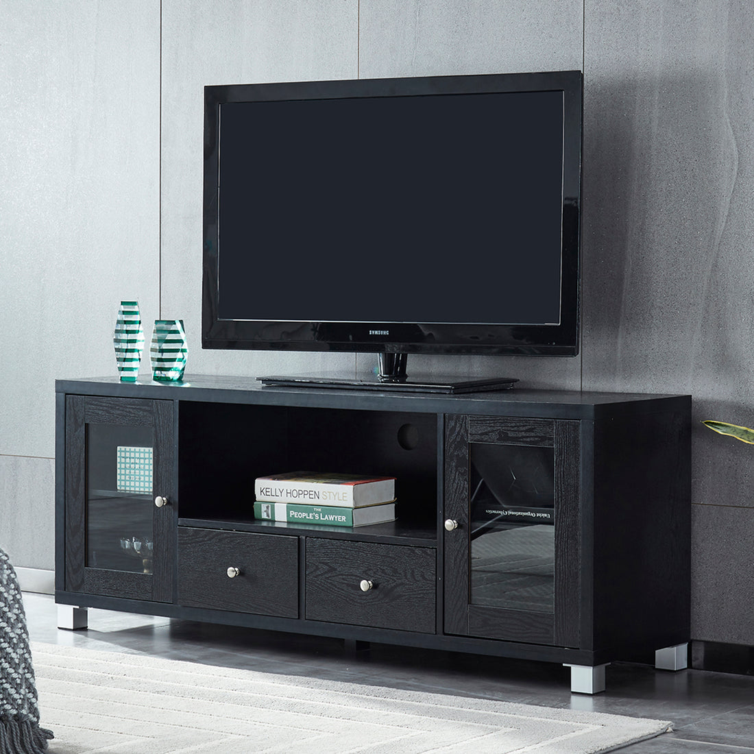 Wood Tv Stand Media Console With Storage Cabinet For Living Room, Bedroom, Black Wood Grain Finish Black Dining Room Adjustabel Shelves Mdf Glass