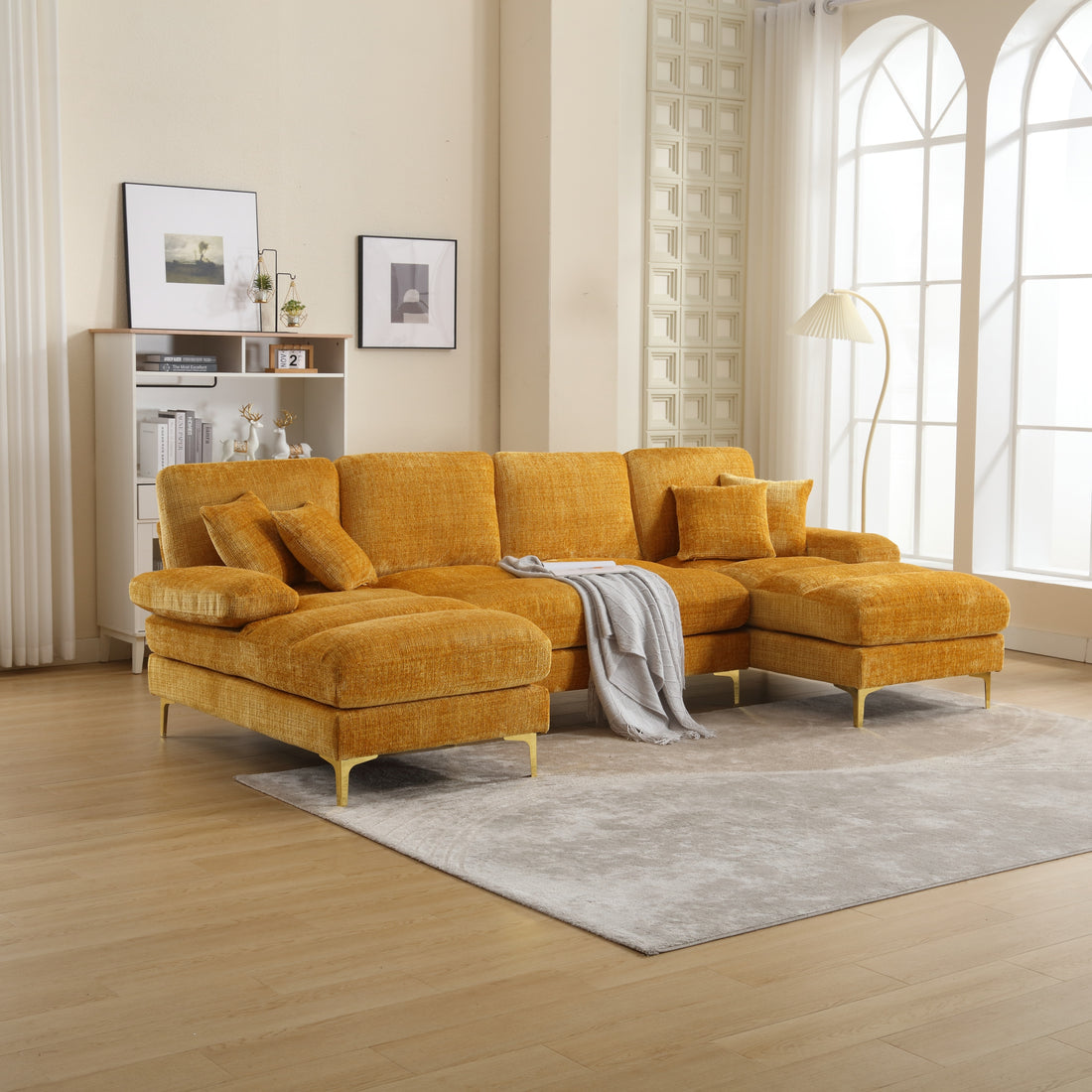 United Modern Large Chenille Fabric U Shape Sectional Sofa Yellow Chenille