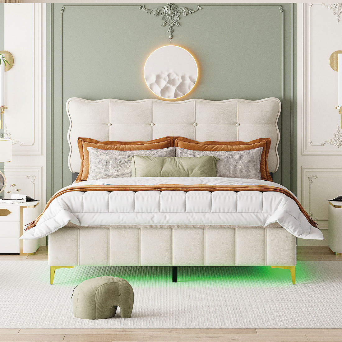 Queen Size Velvet Platform Bed With Led Frame And Stylish Mental Bed Legs, Beige Beige Velvet