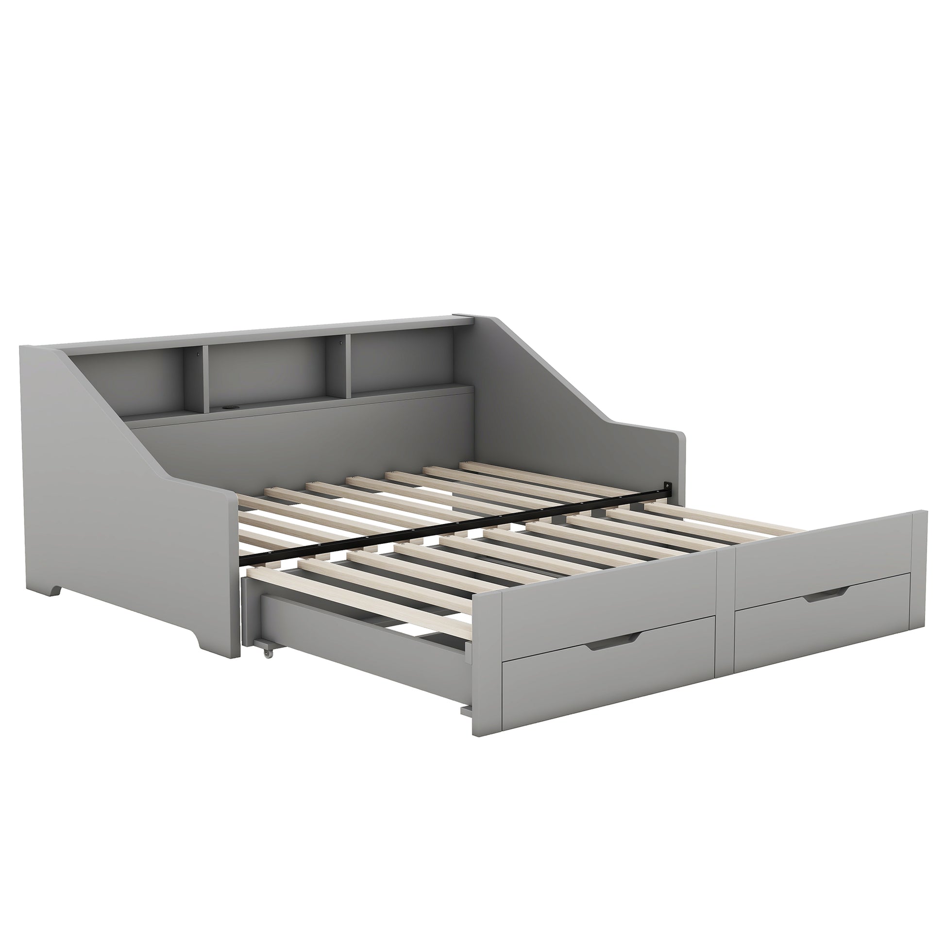 Twin To King Size Daybed Frame With Storage Bookcases And Two Drawers,Charging Design,Gray Gray Solid Wood Mdf