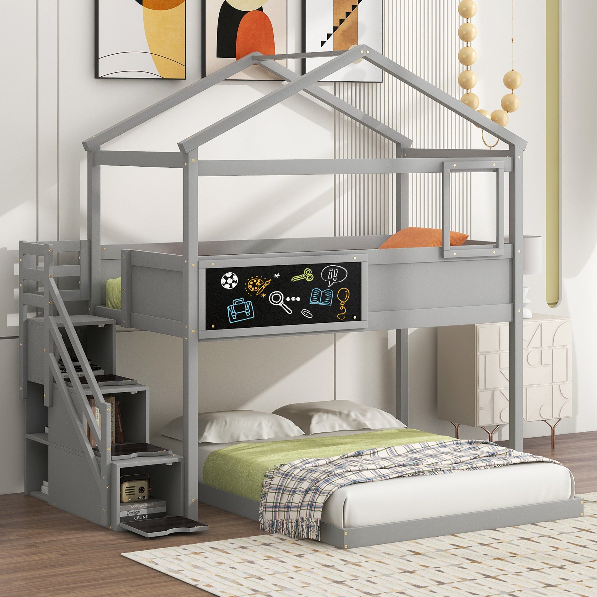 Twin Over Full House Bunk Bed With Storage Staircase And Blackboard,Gray Old Sku: Gx001701Aae Box Spring Not Required Gray Wood Bedroom Bunk Pine