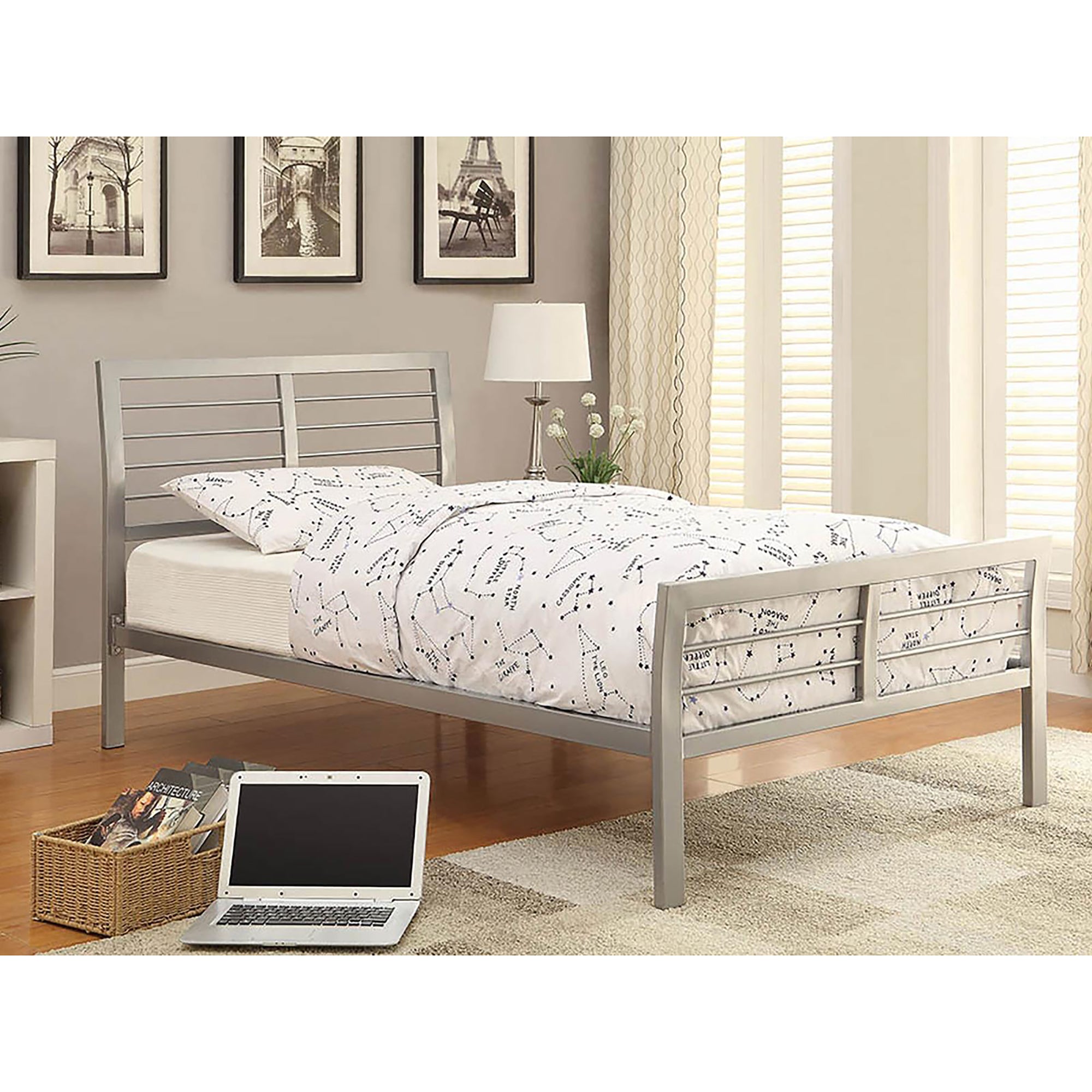 Silver Twin Metal Bed Box Spring Not Required Twin Silver Metal Bedroom Contemporary,Modern Kids Metal