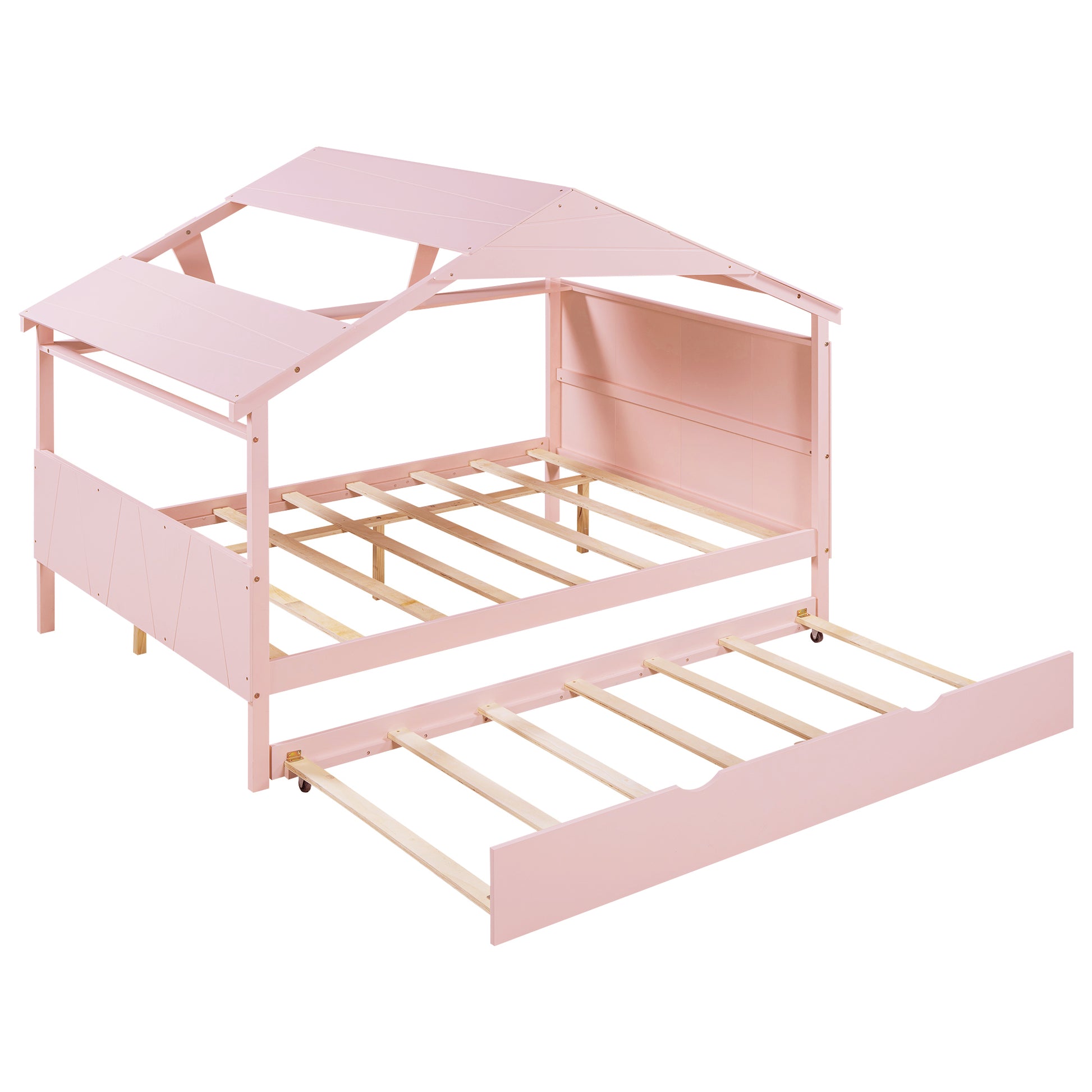 Wood Full Size House Bed With Twin Size Trundle And Storage, Pink Box Spring Not Required Full Pink Wood Bedroom Solid Wood Mdf