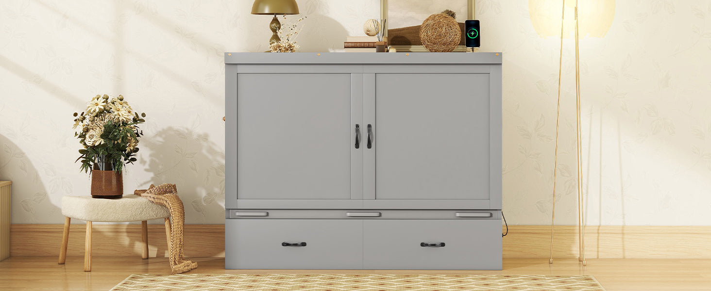 Queen Size Murphy Bed With Usb Port And A Large Drawer, Gray Gray Solid Wood Mdf