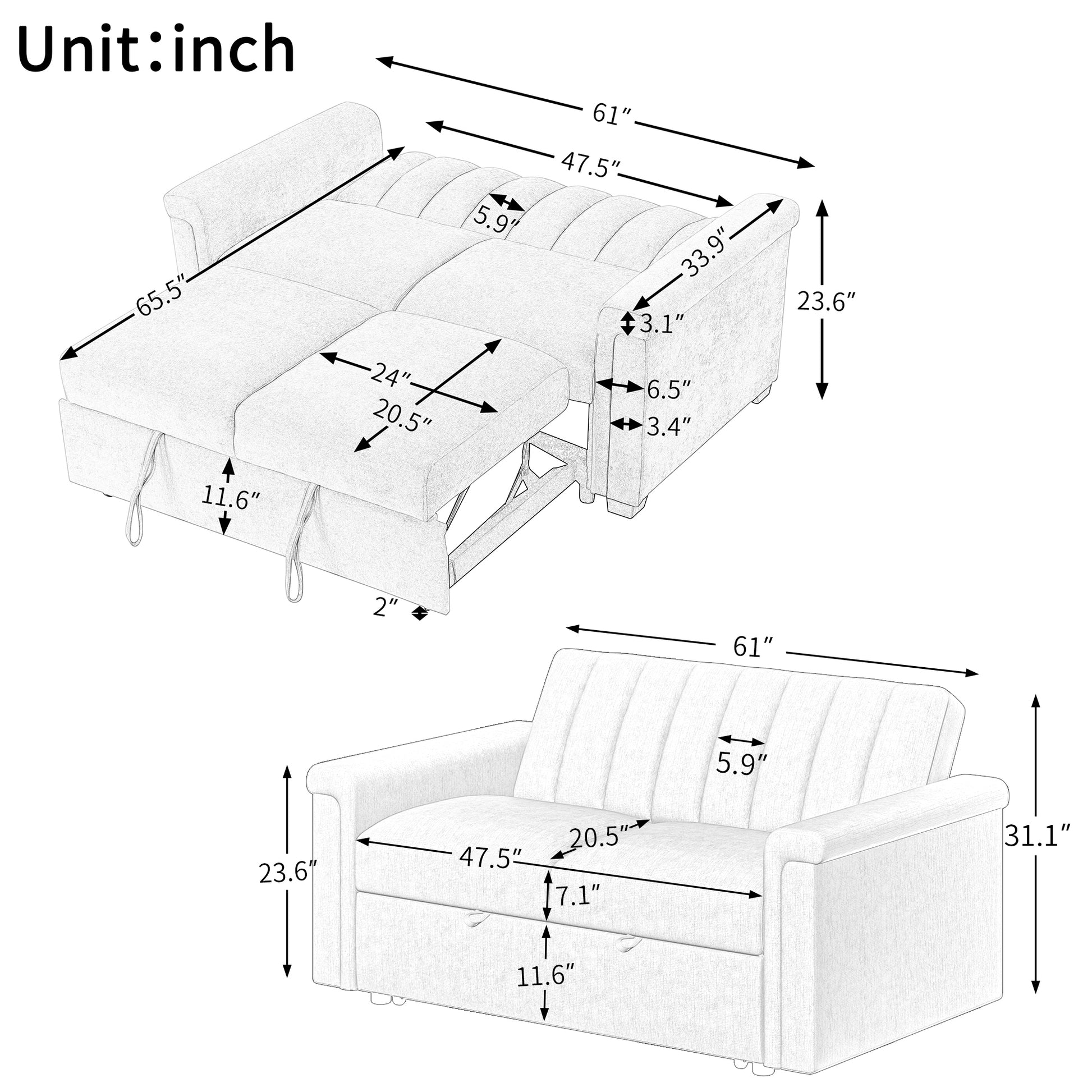 Convertible Soft Cushion Sofa Pull Bed ,For Two People To Sit On Beige Polyester