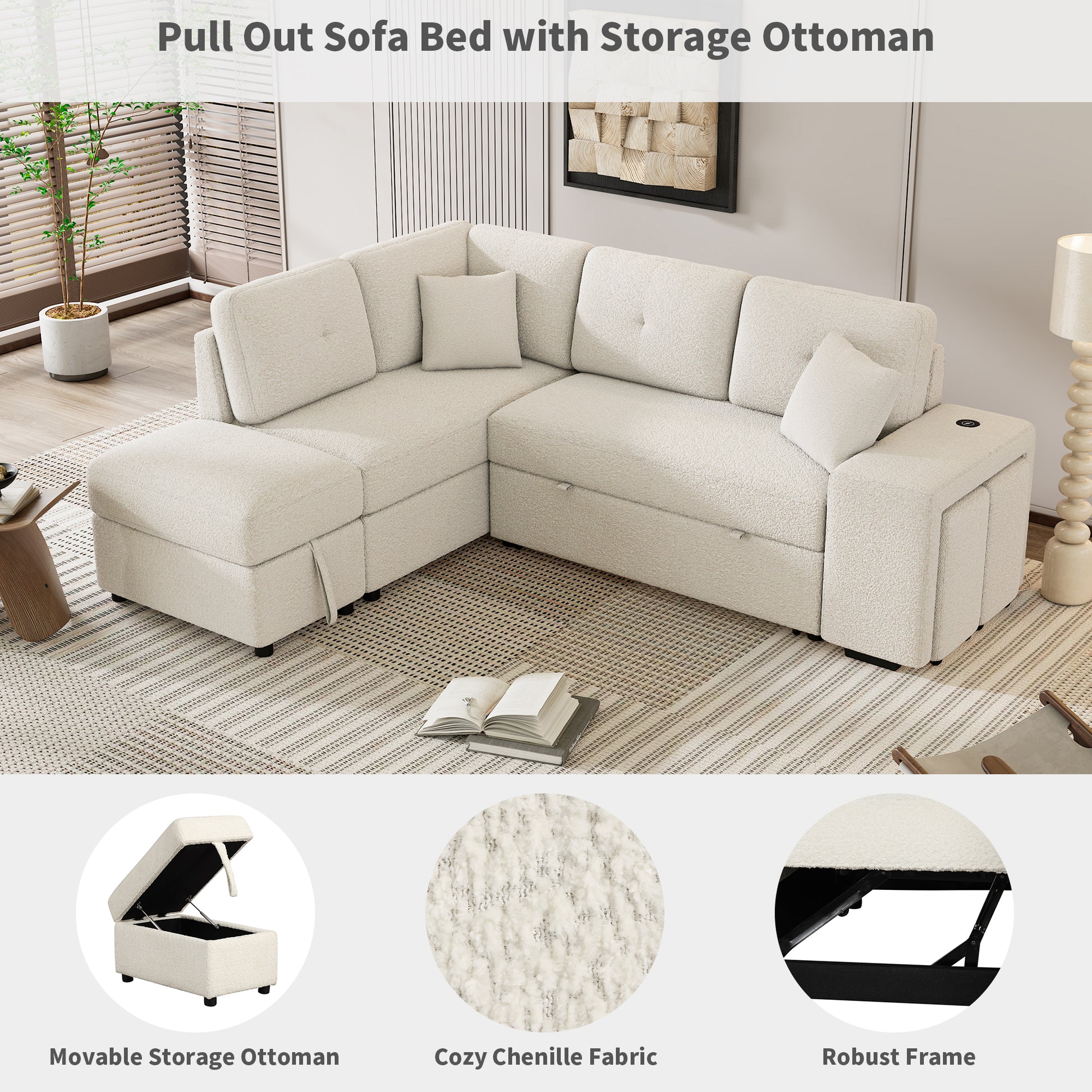 87.7" Convertible Sleeper, Sectional Pull Out Sofa Bed With Storage Ottoman, 2 Throw Pillows, 2 Stools, Wireless Charger And Two Hidden Usb Ports For Living Room, Cream Cream Chenille 4 Seat