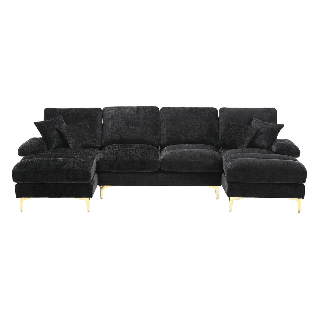 United Modern Large Chenille Fabric U Shape Sectional Sofa Black Chenille