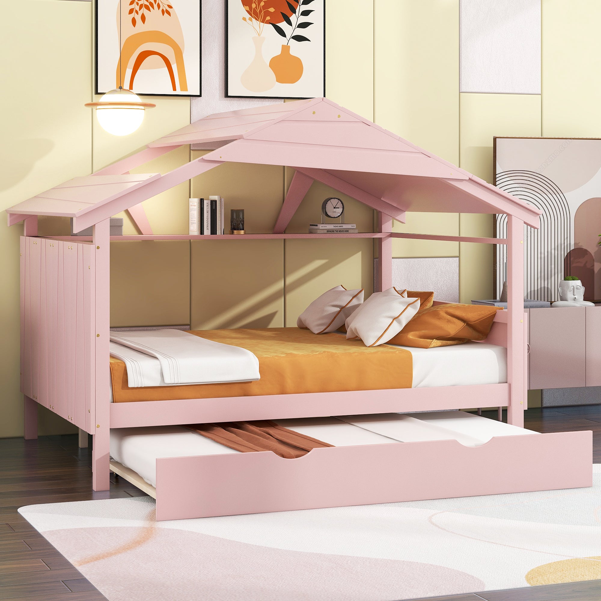 Wood Full Size House Bed With Twin Size Trundle And Storage, Pink Box Spring Not Required Full Pink Wood Bedroom Solid Wood Mdf