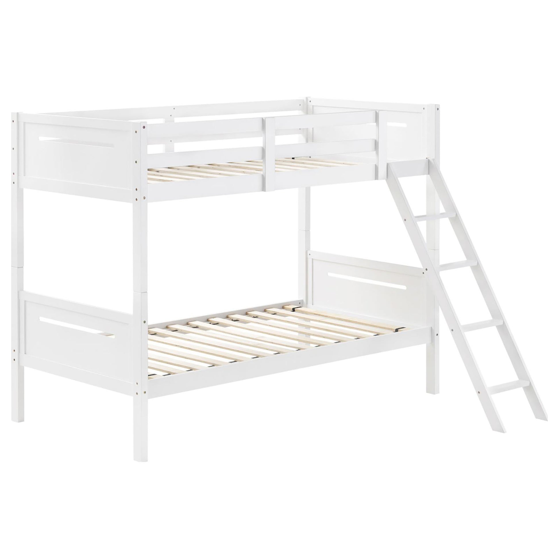 White Twin Twin Bunk Bed With Built In Ladder Twin White Wood White Bedroom Transitional Rubberwood Bunk Wood