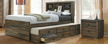 2 Pieces Bedroom Sets Farmhouse Style Twin Size Bookcase Captain Bed And Nightstand, Rustic Brown Twin Rustic Brown Bed Included,Nightstand Included Plywood