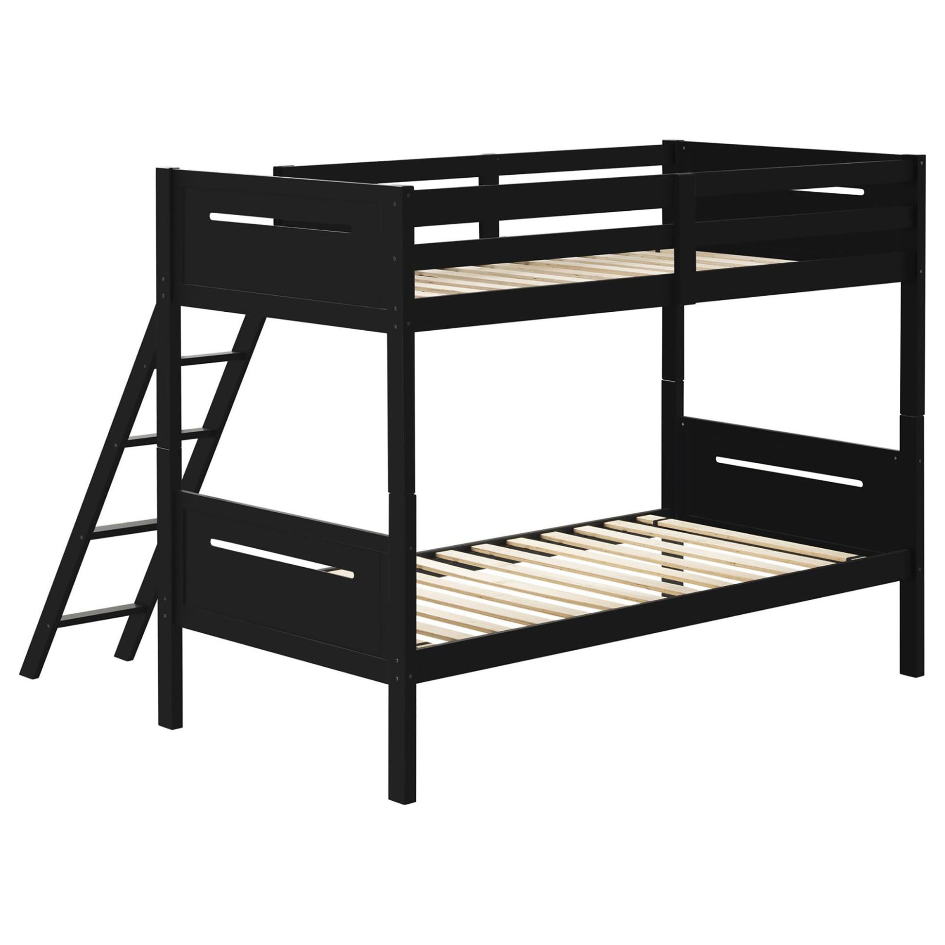 Black Twin Twin Bunk Bed With Built In Ladder Twin Black Wood Bedroom Transitional Rubberwood Bunk Wood