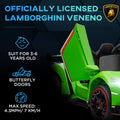 Aosom Lamborghini Veneno Licensed Kids Electric Car With Bluetooth, 12V Ride On Car With Butterfly Doors, Remote Control, Suspension System, Horn, Songs, Lights, Green Green Steel