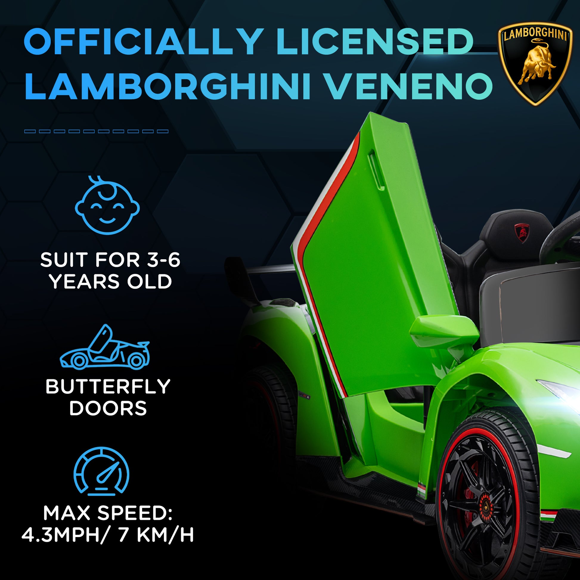 Aosom Lamborghini Veneno Licensed Kids Electric Car With Bluetooth, 12V Ride On Car With Butterfly Doors, Remote Control, Suspension System, Horn, Songs, Lights, Green Green Steel