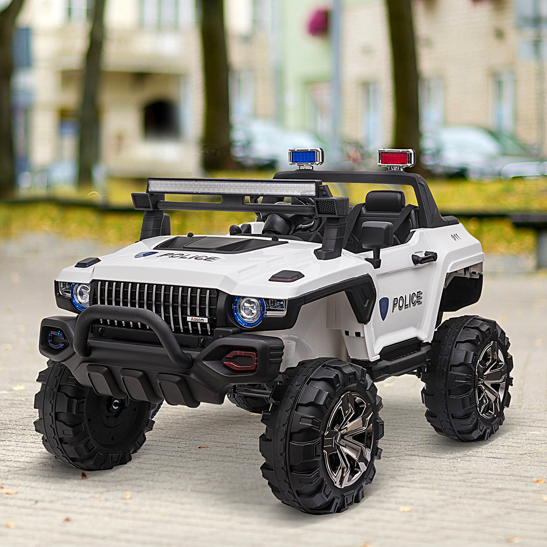 Aosom Big Size 53"L 2 Seater 12V Police Car Ride On Truck With Remote Control And Siren, Battery Operated Electric Car For Kids With Suspension, Mp3 Player, Lights, Music, Horn, White White Steel