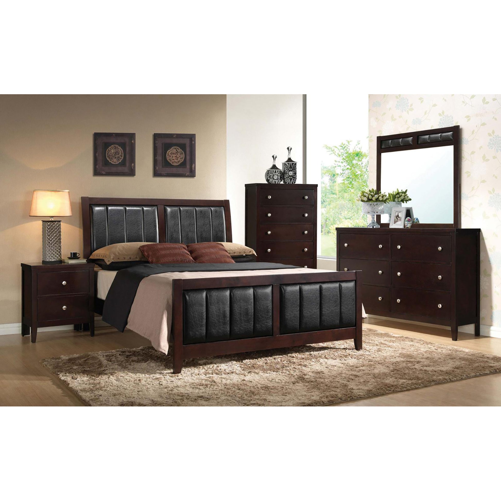 Cappuccino And Black Queen Panel Bed Queen Brown Wood Bedroom Contemporary,Modern Rubberwood Panel Faux Leather Wood