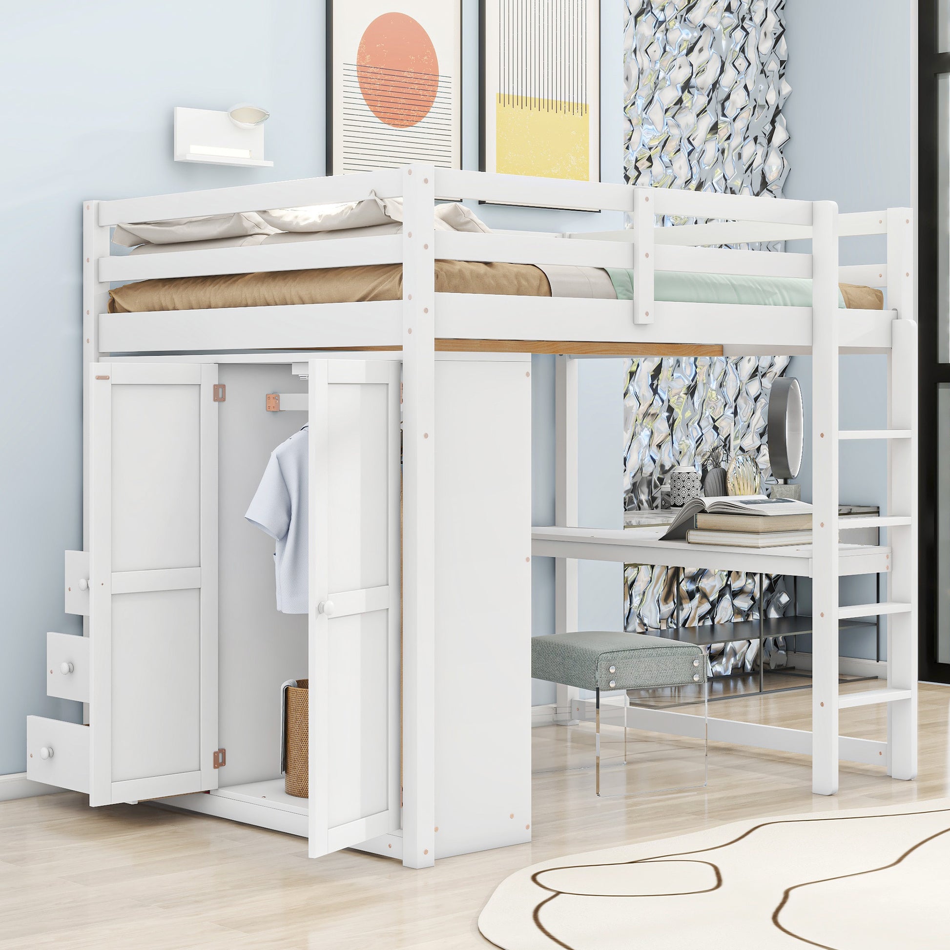 Wood Full Size Loft Bed With Built In Wardrobe, Desk, Storage Shelves And Drawers, White Box Spring Not Required Full White Wood Bedroom Bed Frame Solid Wood Mdf