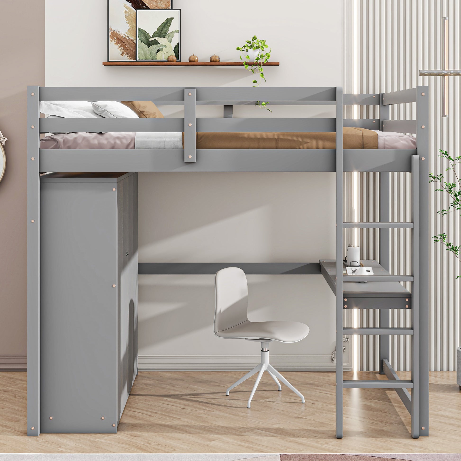 Wood Full Size Loft Bed With Built In Wardrobe, Desk, Storage Shelves And Drawers, Gray Box Spring Not Required Full Gray Wood Bedroom Bed Frame Solid Wood Mdf