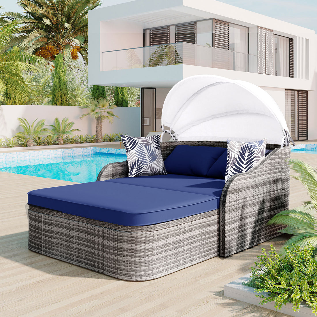 79.9" Outdoor Sunbed With Adjustable Canopy, Daybed With Pillows, Double Lounge, Pe Rattan Daybed, Gray Wicker And Blue Cushion Yes Blue Grey Garden & Outdoor Wicker