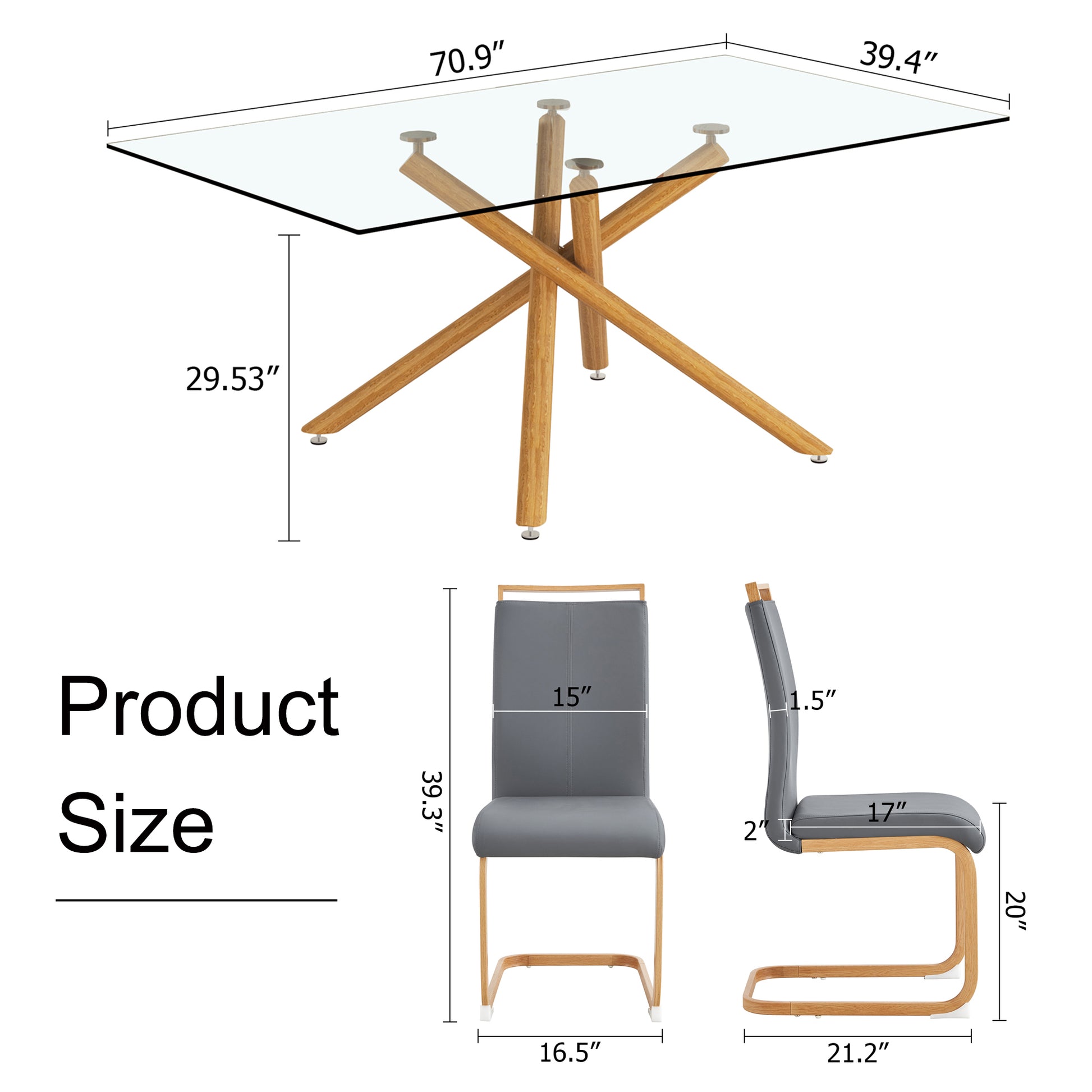 1 Table With 6 Chairs. Glass Dining Table With 0.39 "Tempered Glass Tabletop And Wooden Metal Legs. Pu Leather High Backrest Cushioned Side Chair With C Shaped Chrome Metal Legs. Transparent Glass