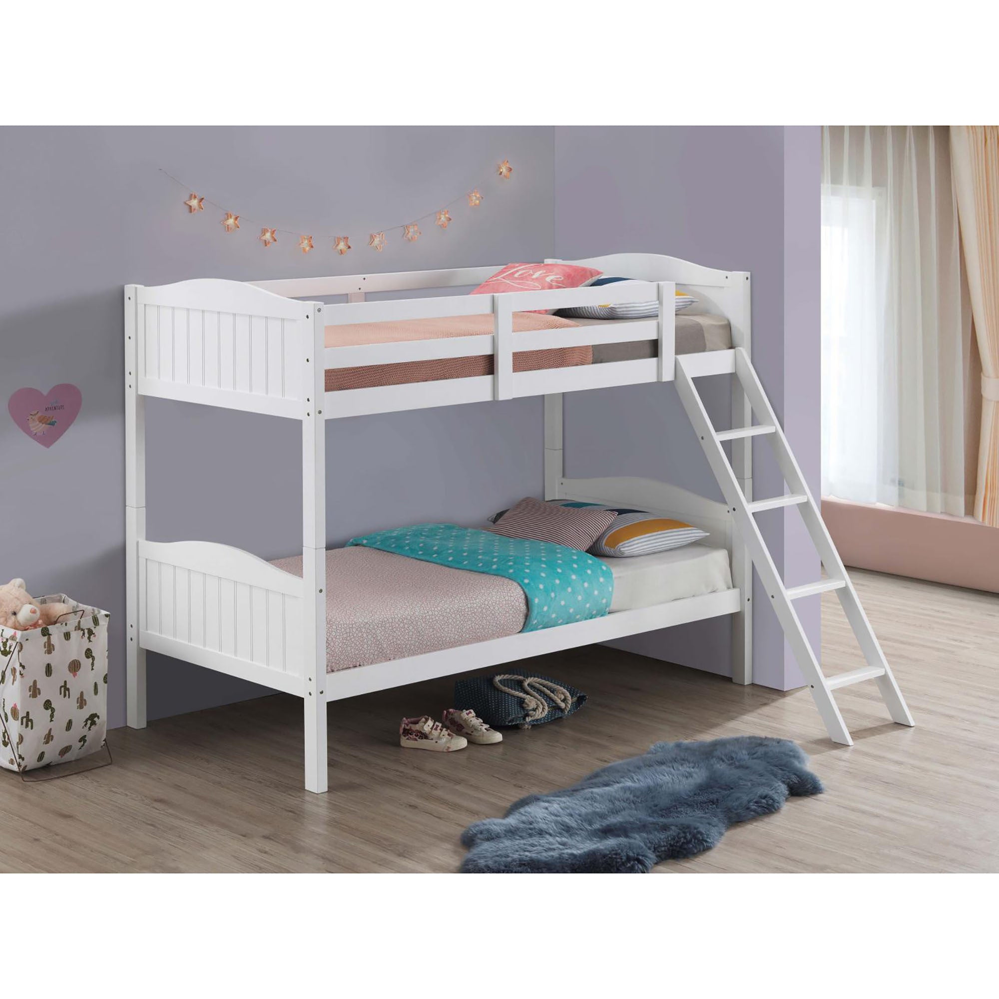 White Twin Twin Bunk Bed With Arched Headboard Twin White Wood White Bedroom Transitional Rubberwood Bunk Wood