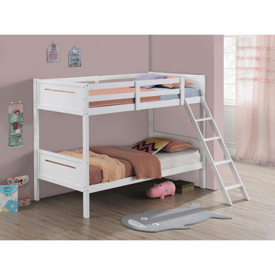 White Twin Twin Bunk Bed With Built In Ladder Twin White Wood White Bedroom Transitional Rubberwood Bunk Wood