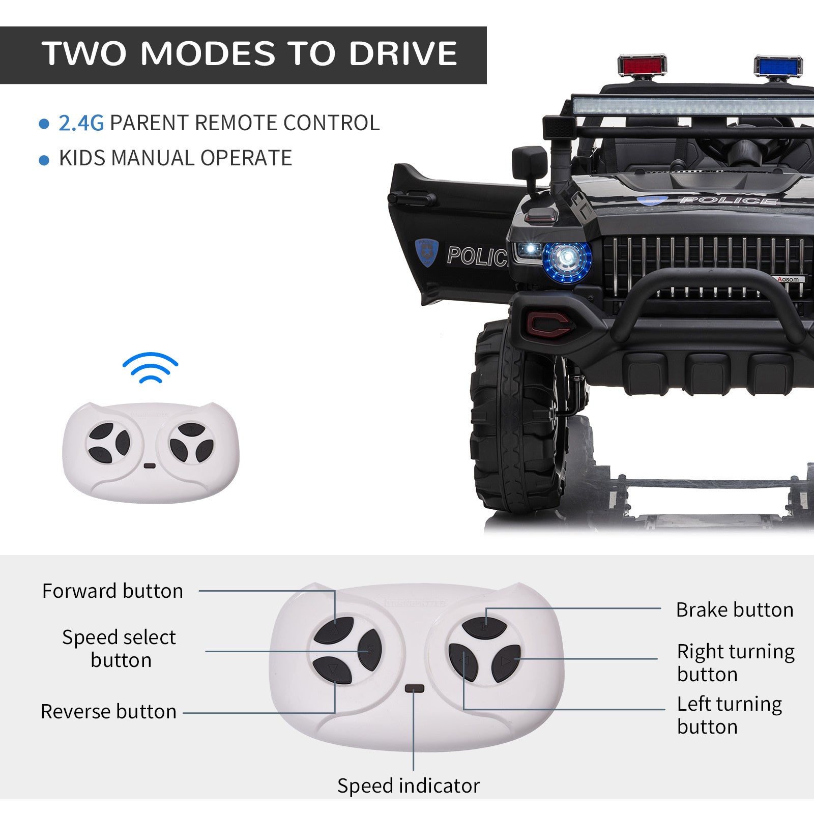 Aosom Big Size 53"L 2 Seater 12V Police Car Ride On Truck With Remote Control And Siren, Battery Operated Electric Car For Kids With Suspension, Mp3 Player, Lights, Music, Horn, Black Black Steel