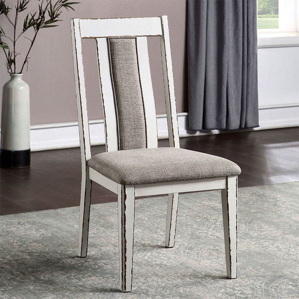 Set Of 2 Upholstered Side Chairs In Weathered White And Warm Gray Finish Solid Off White Dining Room Side Chair Wood Fabric