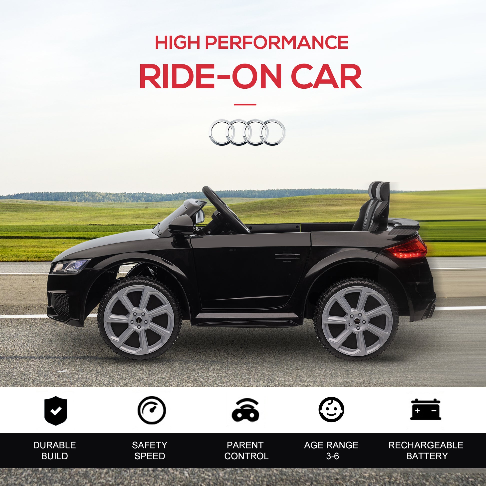 Aosom 6V Kids Electric Ride On Car, Licensed Audi Tt Rs With Suspension System And Remote Control, Horn, 5 Songs, Lights, Mp3 Player Black Black Steel