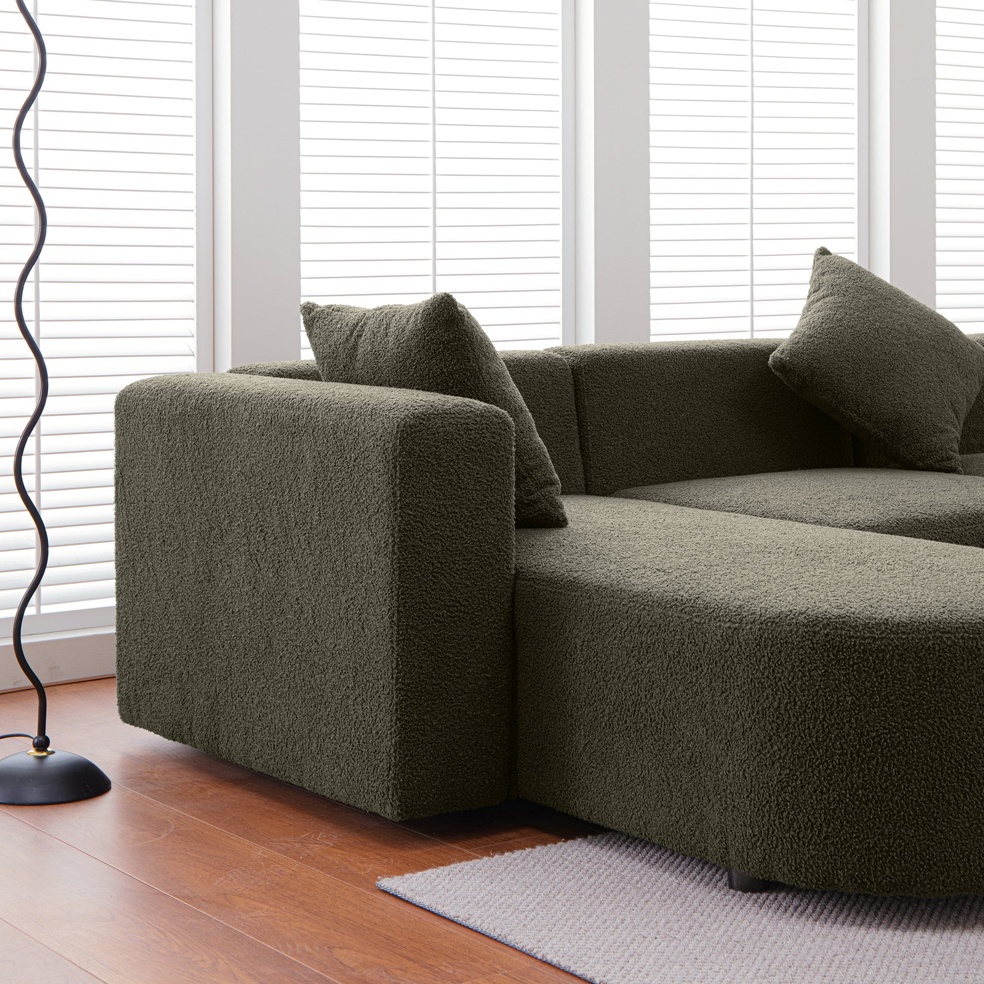 Modern Sectional L Shape Boucle Sofa With Curved Seat Facing Left Green Modern Foam Boucle