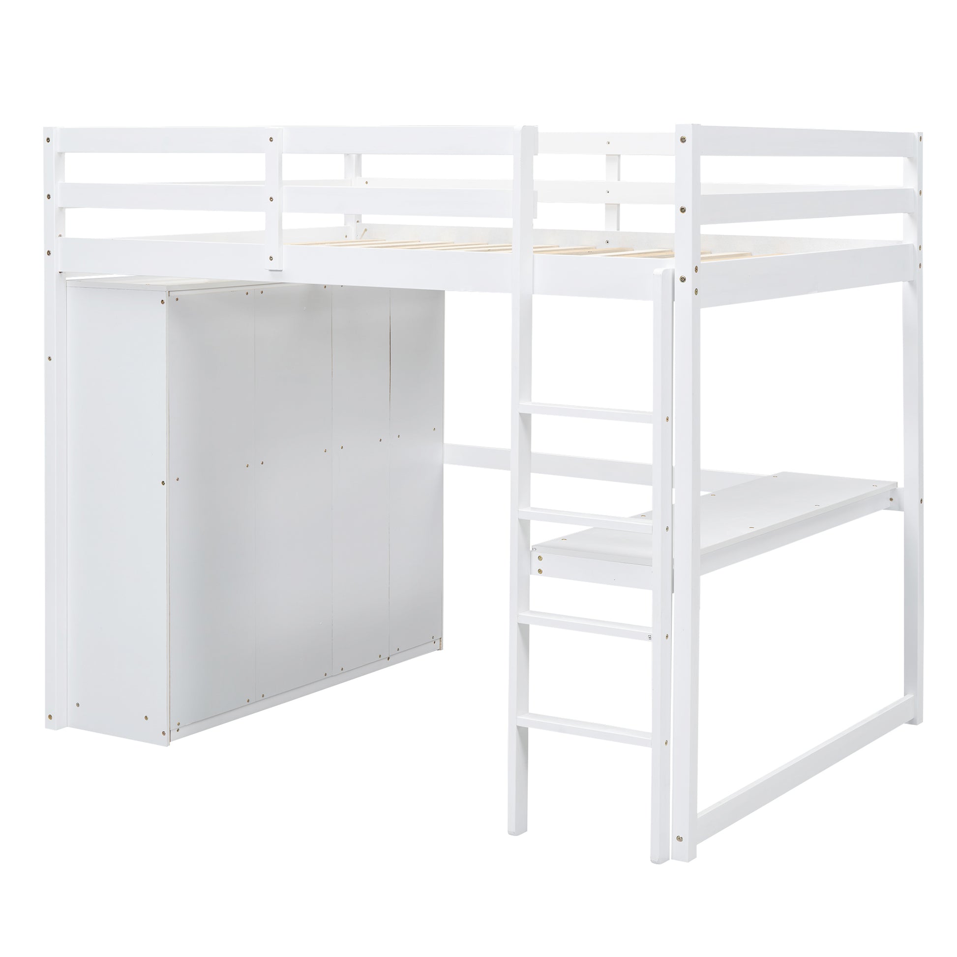 Wood Full Size Loft Bed With Built In Wardrobe, Desk, Storage Shelves And Drawers, White Box Spring Not Required Full White Wood Bedroom Bed Frame Solid Wood Mdf