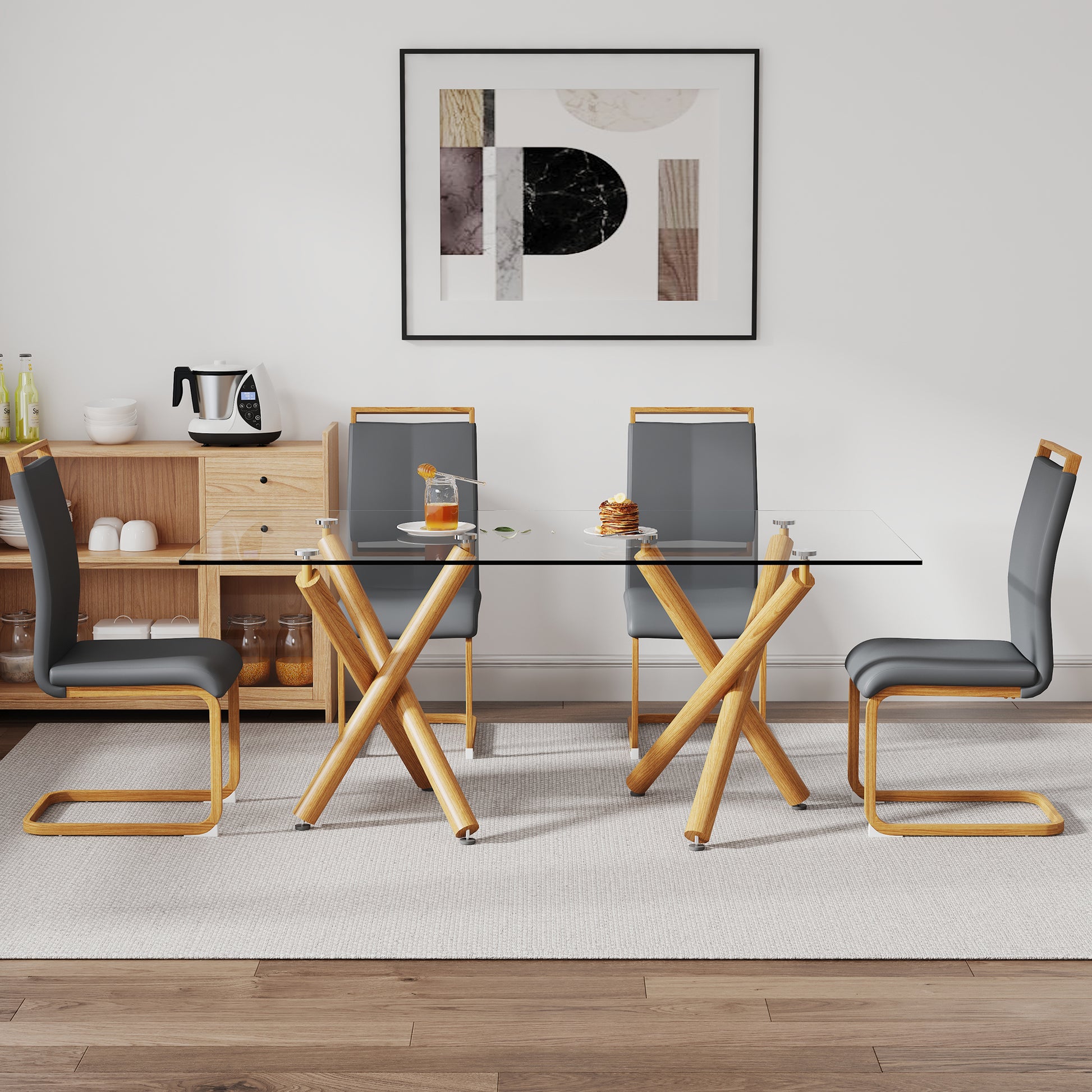 1 Table And 4 Chairs. Glass Dining Table With 0.39 "Tempered Glass Tabletop And Wooden Metal Legs.Grey Puleather High Backrest Soft Padded Side Chair With Wooden Color C Shaped Tube Chrome Metal Leg Transparent Glass