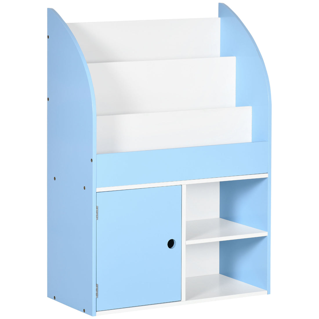 Qaba Bookshelf, Multi Purpose Kids Toy Storage Organizer For Preschool & Early Reading, Kids Bookcase With Cabinet, Childrens Bookshelf, Book Organizer Kids Playroom Furniture, Ages 3 8, Blue Blue Mdf