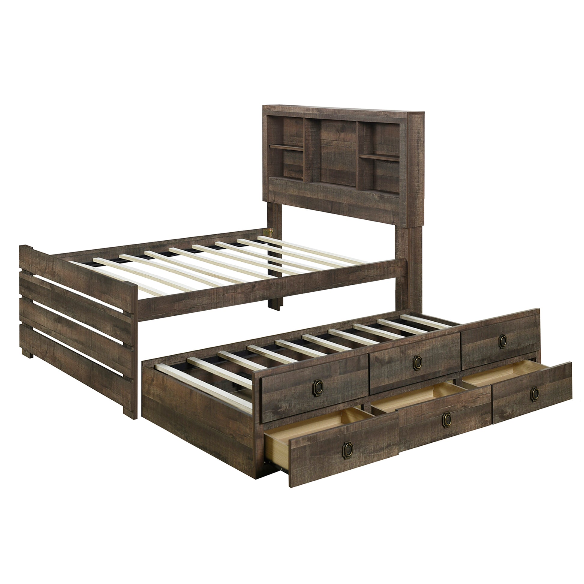 2 Pieces Bedroom Sets Farmhouse Style Twin Size Bookcase Captain Bed And Nightstand, Rustic Brown Twin Rustic Brown Bed Included,Nightstand Included Plywood