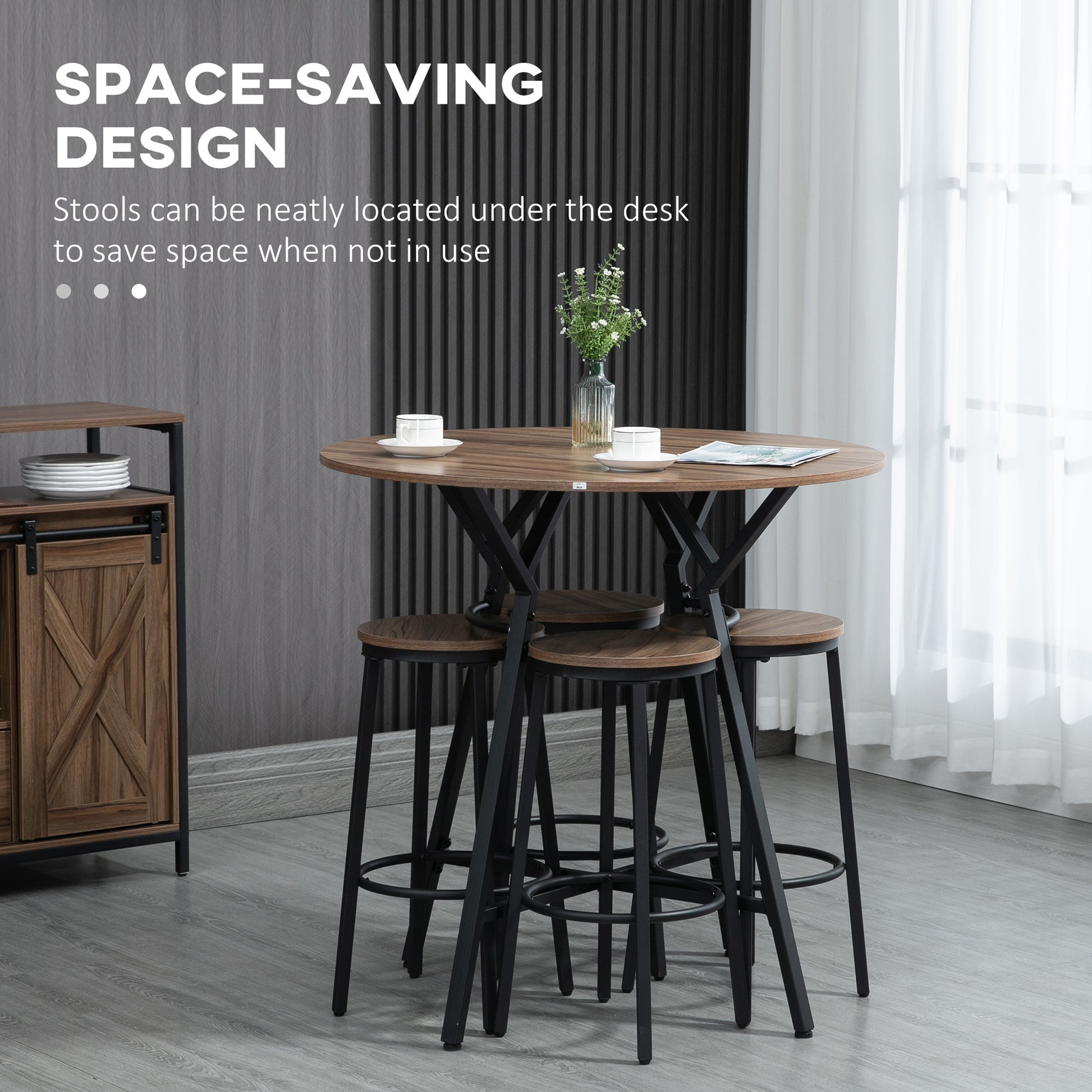 Homcom Industrial 5 Piece Bar Table And Chairs Set, Space Saving Dining Table With 4 Stools For Pub And Kitchen, Black & Brown Brown Particle Board