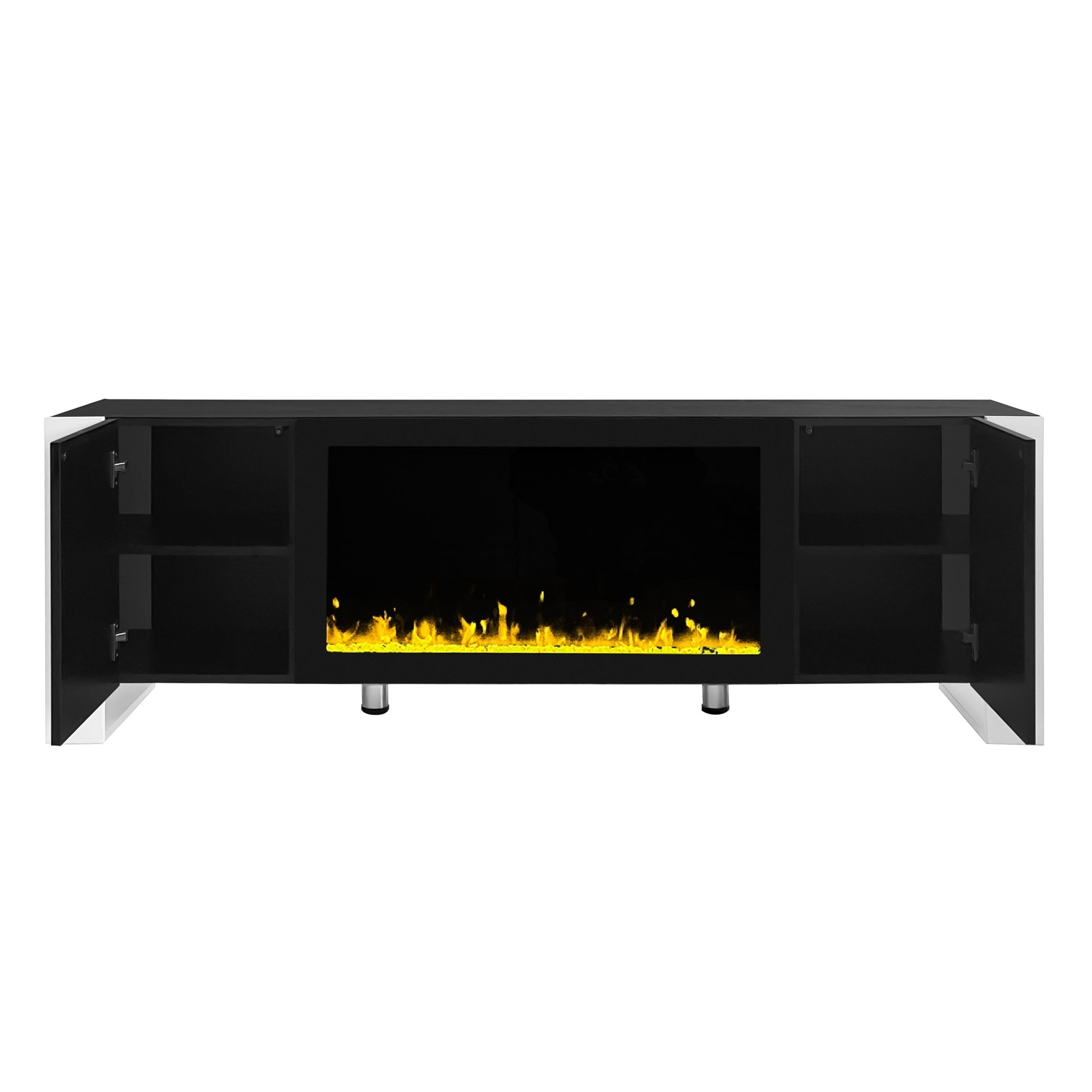 Modern Tv Stand With 34.2" Non Heating Electric Fireplace, High Gloss Entertainment Center With 2 Cabinets, Media Console For Tvs Up To 78", Black Black Primary Living Space 70 79 Inches 70 79 Inches Modern Mdf